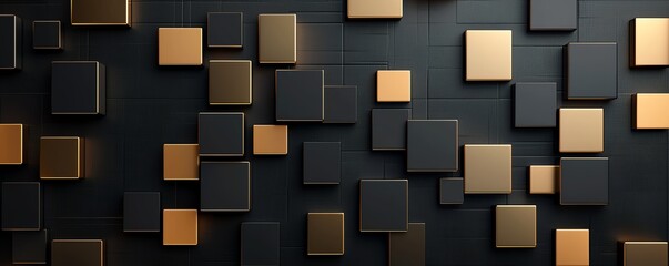 Poster - This modern abstract design features a striking arrangement of square shapes in gold and black tones, creating a visually appealing backdrop for various creative projects.