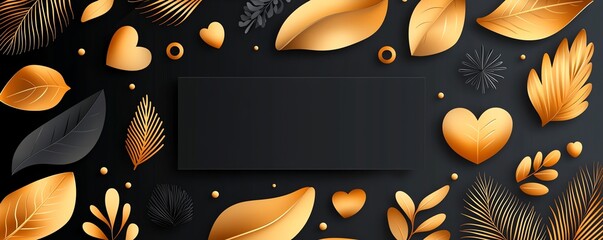 Poster - Elegant golden leaves and hearts on a dark backdrop create a captivating design. Perfect for invitations, backgrounds, or any creative project needing a touch of luxury.