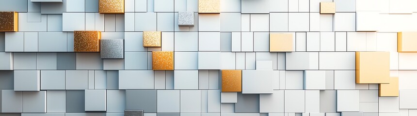 Poster - A modern geometric background featuring a mix of white and gold cubes in a dynamic arrangement, ideal for use in digital design, presentations, and creative projects.