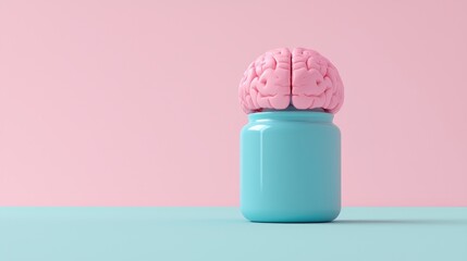 Poster - Brain Model in Blue Jar on Pink Background for Creative Concept