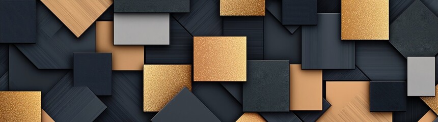 Poster - A modern abstract design featuring a composition of various geometric shapes in black, gold, and silver tones, perfect for backgrounds or creative projects.