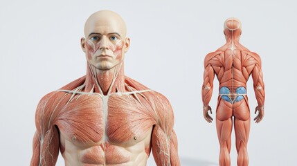 Poster - detailed anatomical model of human musculature from front and back