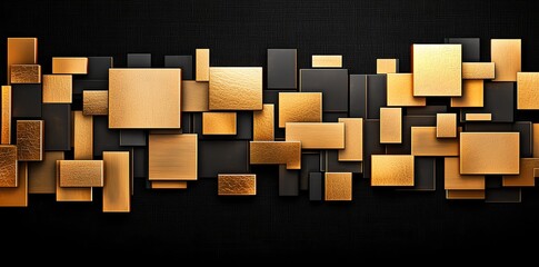 Poster - An artistic arrangement of various rectangular shapes in a stunning golden hue against a sleek black background. Perfect for backgrounds, textures, or modern design elements.