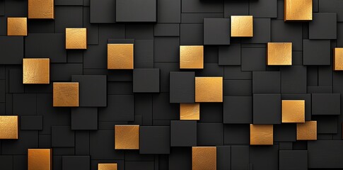 Poster - A modern abstract design featuring a collection of black and gold squares arranged in a unique pattern, ideal for backgrounds, wallpapers, or design projects.