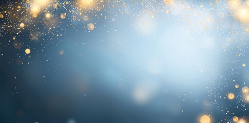 Poster - This image features a beautiful abstract background with shimmering golden bokeh lights against a soft blue backdrop, perfect for various creative projects and designs.