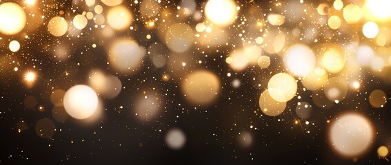 Poster - Beautiful golden bokeh lights create a sparkling effect against a dark background. Perfect for adding a touch of elegance and glamour to any design or artistic project.