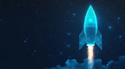 Wall Mural - A blue rocket soaring into the vast expanse of space, a polygon mesh with connecting dots and lines on a dark blue background