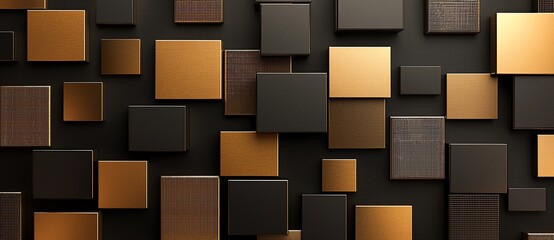 Poster - An abstract arrangement of square shapes in varying shades of black and gold, creating a modern and stylish background. Perfect for use in design, art, or advertising projects.