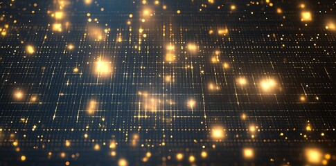 Poster - A stunning digital background featuring a seamless flow of bright golden particles over a dark grid, perfect for tech-themed projects, presentations, or creative digital art.