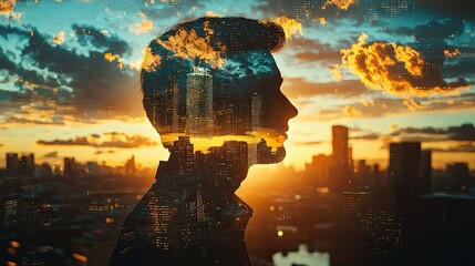 Poster - A thought-provoking image featuring a silhouetted businessman overlaying a cityscape, symbolizing growth, vision, and the endless possibilities in a modern professional l