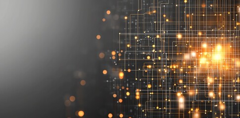 Poster - An abstract digital background featuring glowing grid patterns and luminous particles. Ideal for tech-related projects, illustrating innovation, modernity, and digital concepts.