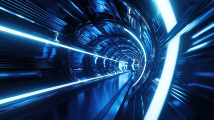 Fototapete - Explore a striking digital landscape showcasing a dynamic flow of glowing lines and abstract patterns in deep blue tones, representing the essence of modern technology an