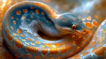 Poster - A ball python gracefully curls its body, revealing a mesmerizing pattern of blues and oranges. The intricate scales shimmer gently in soft light, highlighting its unique beauty and charm