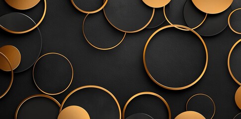 Poster - A visually striking abstract background featuring a series of overlapping circular shapes in various sizes, colored in gold against a sleek black backdrop, perfect for modern desig