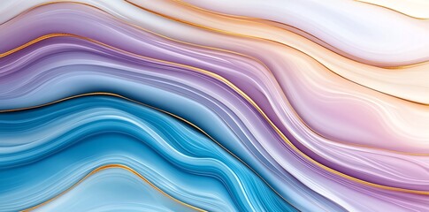 Poster - An abstract fluid design featuring soft waves of pastel colors, blending seamlessly with hints of gold accents for an elegant and modern aesthetic, perfect for backgrounds or creat