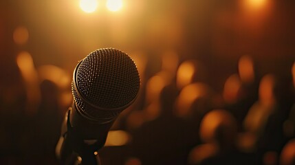 Aufkleber - A close-up view of a microphone set against a blurred audience in a conference setting, showcasing the anticipation for a main event or presentation ahead.