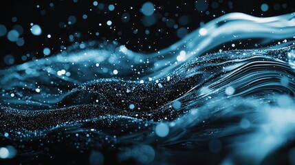 Aufkleber - Abstract digital artwork featuring flowing blue waves and sparkling dots against a dark background, perfect for technology themes and modern design projects.