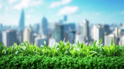 Sticker - Lush green plants, blurred city backdrop.