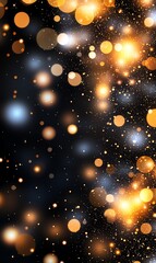 Poster - A mesmerizing abstract background featuring golden and white bokeh lights scattered against a dark backdrop, perfect for creating a warm and magical atmosphere.
