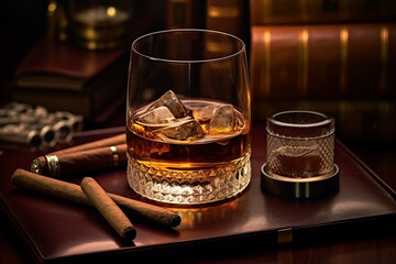 Poster - A glass of whiskey with ice and a cuban cigar on a wooden table made with generative AI