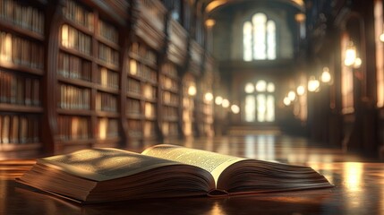 Poster - An open book rests on a table, surrounded by a softly blurred background of library shelves. The image evokes a sense of knowledge, education, and quiet exploration.
