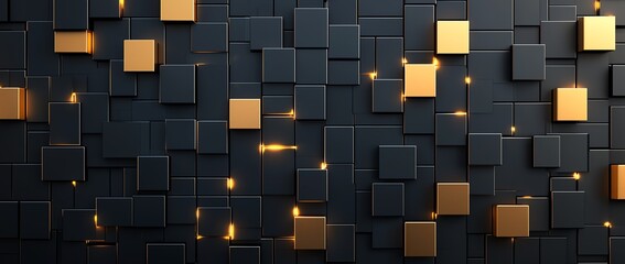 Poster - Dynamic abstract background featuring a blend of black and gold cubes, interspersed with subtle glowing effects, perfect for modern design projects, presentations, or digital artwo