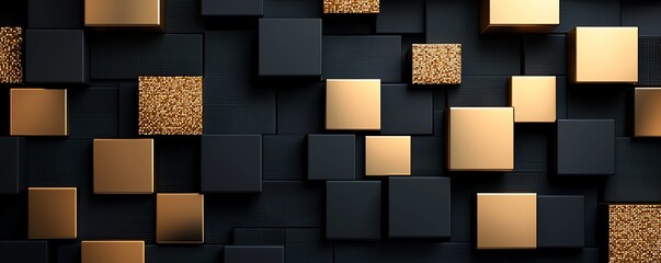 Poster - This image features a modern and stylish abstract design of overlapping black and gold squares, creating a striking visual impact suitable for various creative projects.