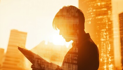 Aufkleber - Silhouette of a Person Reading Against a Cityscape at Sunset: A Study in Urban Life and Information Technology.