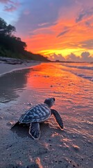 Poster - Under a stunning sunset, a baby sea turtle makes its way across the sandy beach toward the shimmering ocean. The vibrant colors and gentle waves create a magical atmosphere