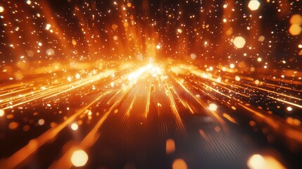 Poster - Explore a captivating abstract digital landscape with glowing light rays and data points, perfect for technology and innovation themes in your projects.