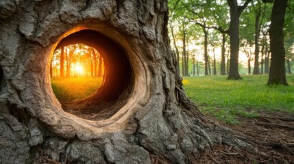 Wall Mural - Sunlight filtering through a hollow tree trunk in a park at sunrise.