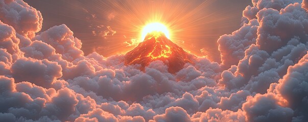 Wall Mural - A vibrant sunset over a volcanic mountain, surrounded by colorful clouds.