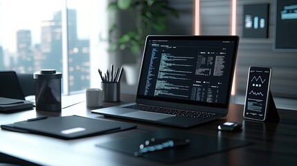 Aufkleber - This sleek and modern digital workspace features a laptop and mobile devices showcasing data analysis and programming. Ideal for tech and innovation themes.