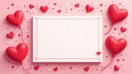 Wall Mural - Paper greeting card decorated with hearts on pink background close-up. Valentine's Day present. Mockup design of gift voucher or certificate. A coupon template. A party invitation. Business card