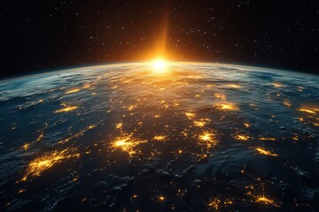 Wall Mural - Beautiful sunrise over Earth showcasing illuminated cities and vast oceans from a space perspective