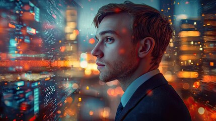 Poster - A profile view of a thoughtful professional man overlaid with a vibrant city skyline, symbolizing ambition and innovation in a dynamic business landscape.