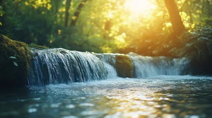 Wall Mural - Natural water cascading over a small waterfall in a serene mountain landscape, sunlight filtering through the trees