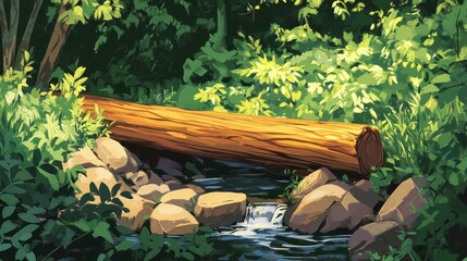 Wall Mural - Sunlight streams through lush forest, a fallen log spans a small, rocky creek.