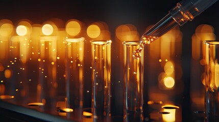 Poster - A captivating image showcasing a pipette dropping liquid into a row of glass test tubes, symbolizing scientific research and experimentation in a laboratory setting.