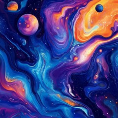 Wall Mural - Abstract seamless pattern with a colorful, swirling galaxy and a space background with stars and planets.