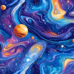 Wall Mural - abstract seamless pattern with a colorful, swirling galaxy and a space background with stars and pla