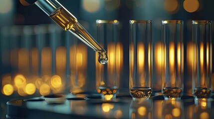 Poster - A captivating image showcasing a pipette dropping liquid into a row of glass test tubes, symbolizing scientific research and experimentation in a laboratory setting.