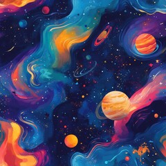 Wall Mural - abstract seamless pattern with a colorful, swirling galaxy and a space background with stars and pla