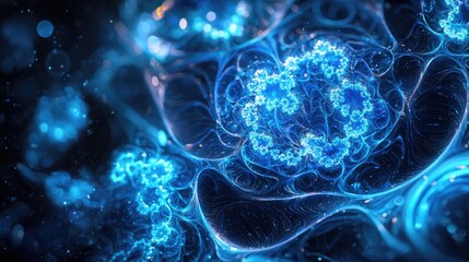Fototapete - This image depicts an abstract molecular structure with interconnected atoms, emphasizing the dynamic relationships within a scientific context, featuring appealing blue