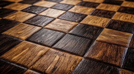 Poster - A stunning wooden chessboard pattern featuring a mix of dark and light stained tiles creating a harmonious rustic aesthetic ideal for various design projects.