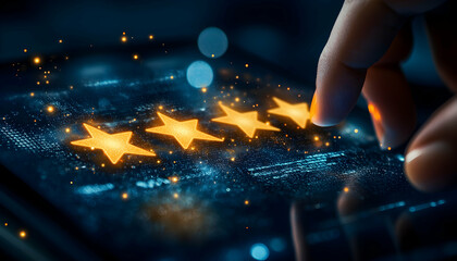 Wall Mural - digital touchscreen with a glowing five-star rating signifying positive feedback -