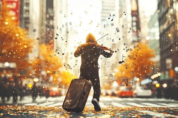 Wall Mural - A musician playing violin on a busy street, surrounded by floating musical notes and autumn scenery.