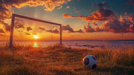 Wall Mural - Soccer goalpost at sunset on a scenic coastal field