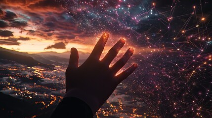 Leinwandbilder - A visionary representation of a hand reaching for glowing light amidst a digital landscape filled with data connections, symbolizing innovation and the future of technolo