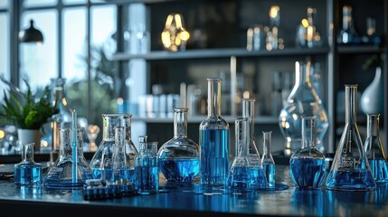 Poster - A collection of laboratory glassware featuring various types, including beakers and test tubes filled with blue liquid, showcased on a sleek, modern laboratory countertop